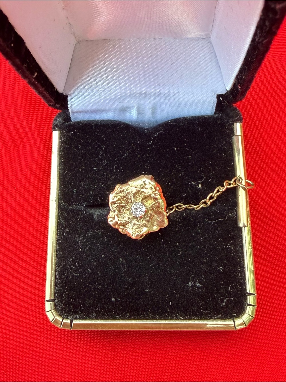 Solid 14K Gold Nugget Tie Tack Pin with real diamonds - 3.19 grams
